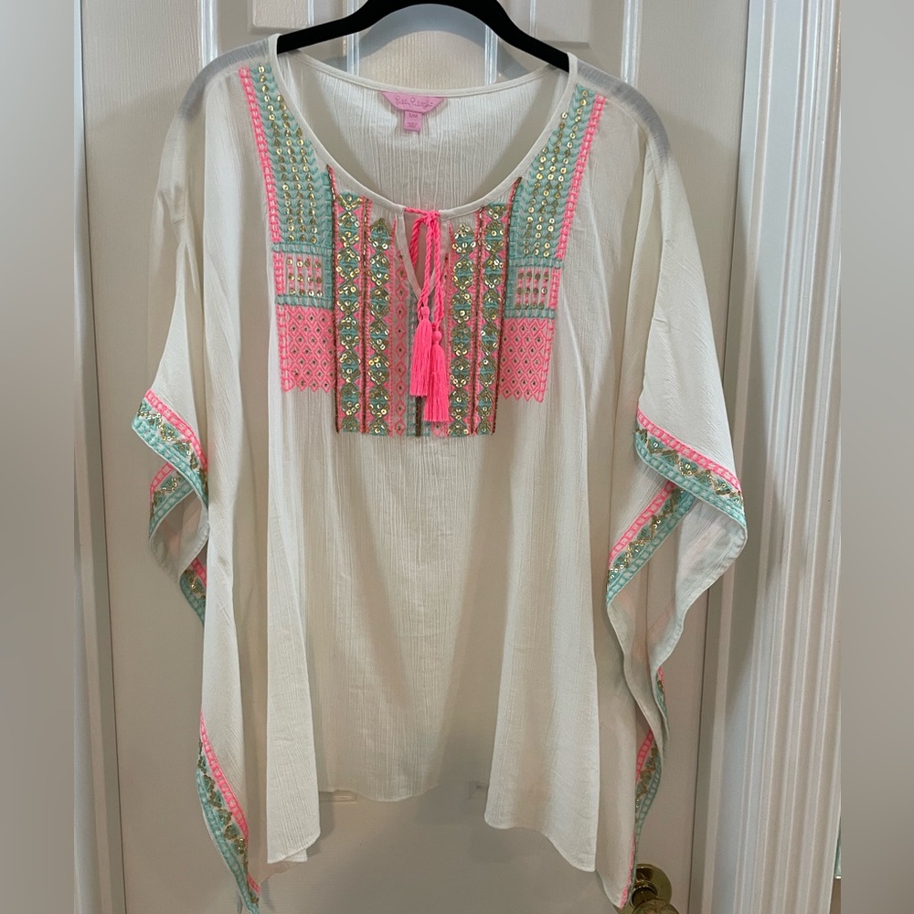 Lilly Pulitzer Women's White Embroidered Boho Top with Pink & Mint Accents